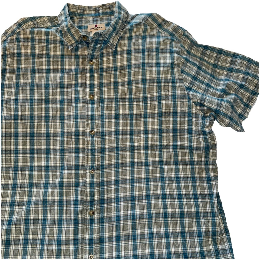 Woolrich Mens 2XL Blue Plaid Short Sleeve Button Down Cotton Shirt